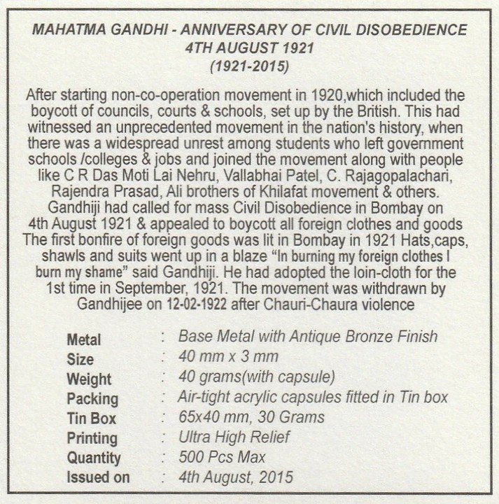 Mahatma Gandhi Civil Disobedience 1921 Beautiful Medallion With Box And Certificate