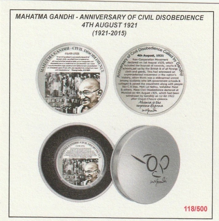 Mahatma Gandhi Civil Disobedience 1921 Beautiful Medallion With Box And Certificate