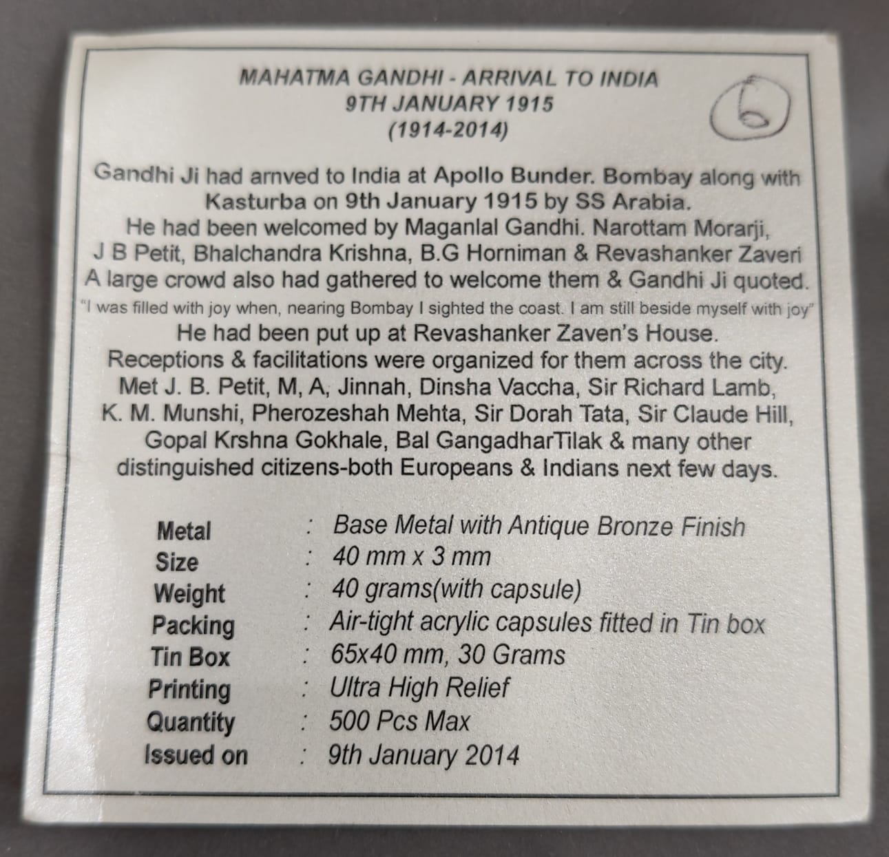 Mahatma Gandhi -Arrival to India Silver Plated Medallion With Box And Certificate