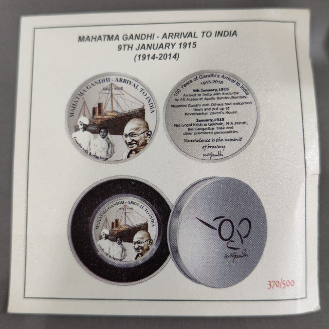 Mahatma Gandhi -Arrival to India Silver Plated Medallion With Box And Certificate