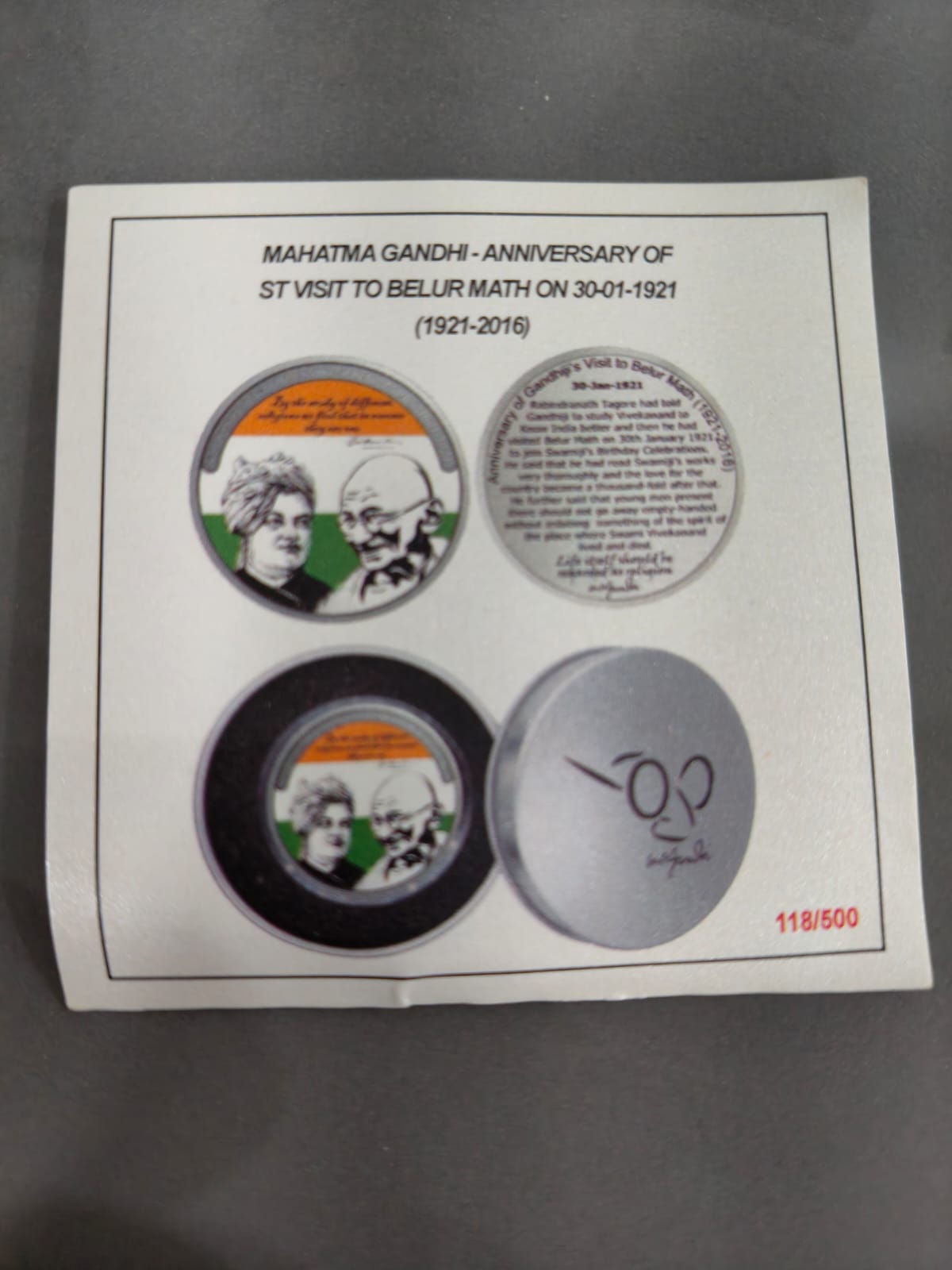 Mahatma Gandhi -Anniversary Of ST Visit To BelurnMath On 1921 Silver Plated Medallion With Box And Certificate