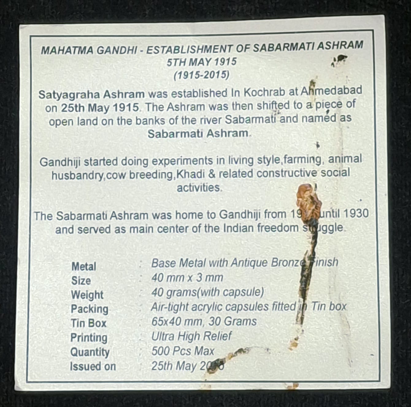 Mahatma Gandhi - establishment of sabarmati ashram 5th may (1915-2015) silver plated medallion with box & certificate