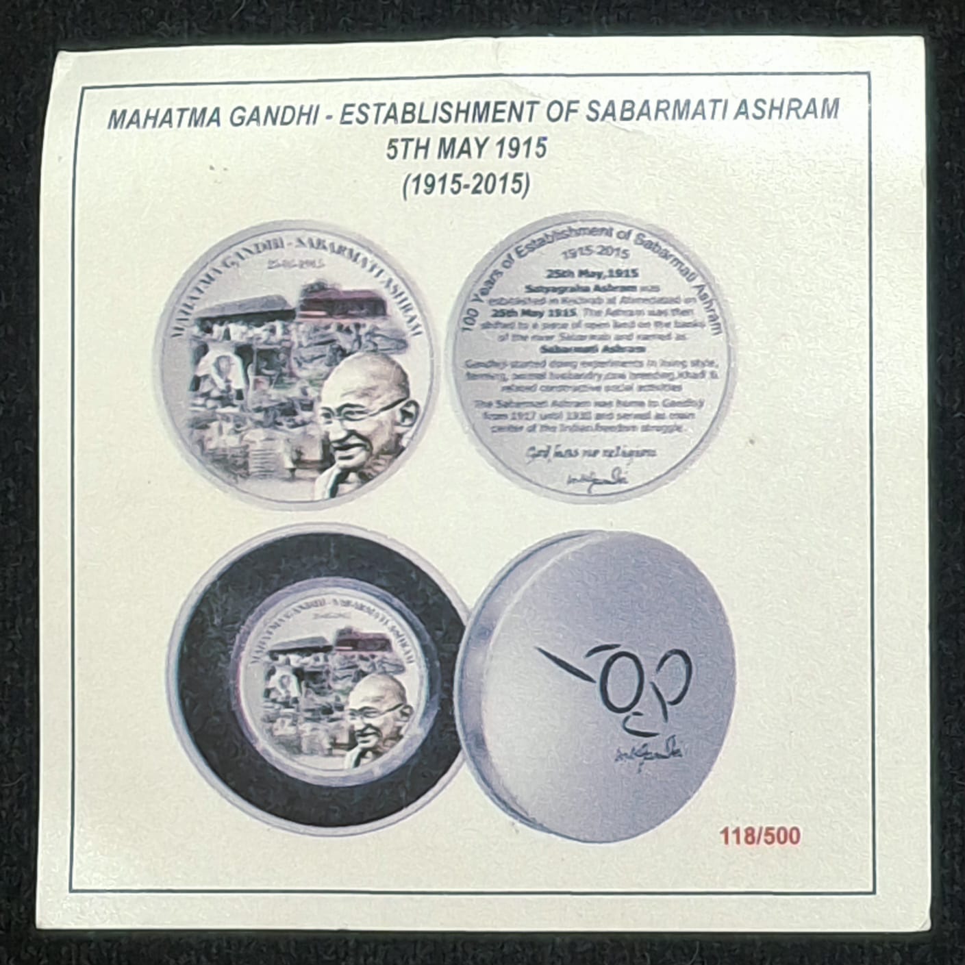 Mahatma Gandhi - establishment of sabarmati ashram 5th may (1915-2015) silver plated medallion with box & certificate