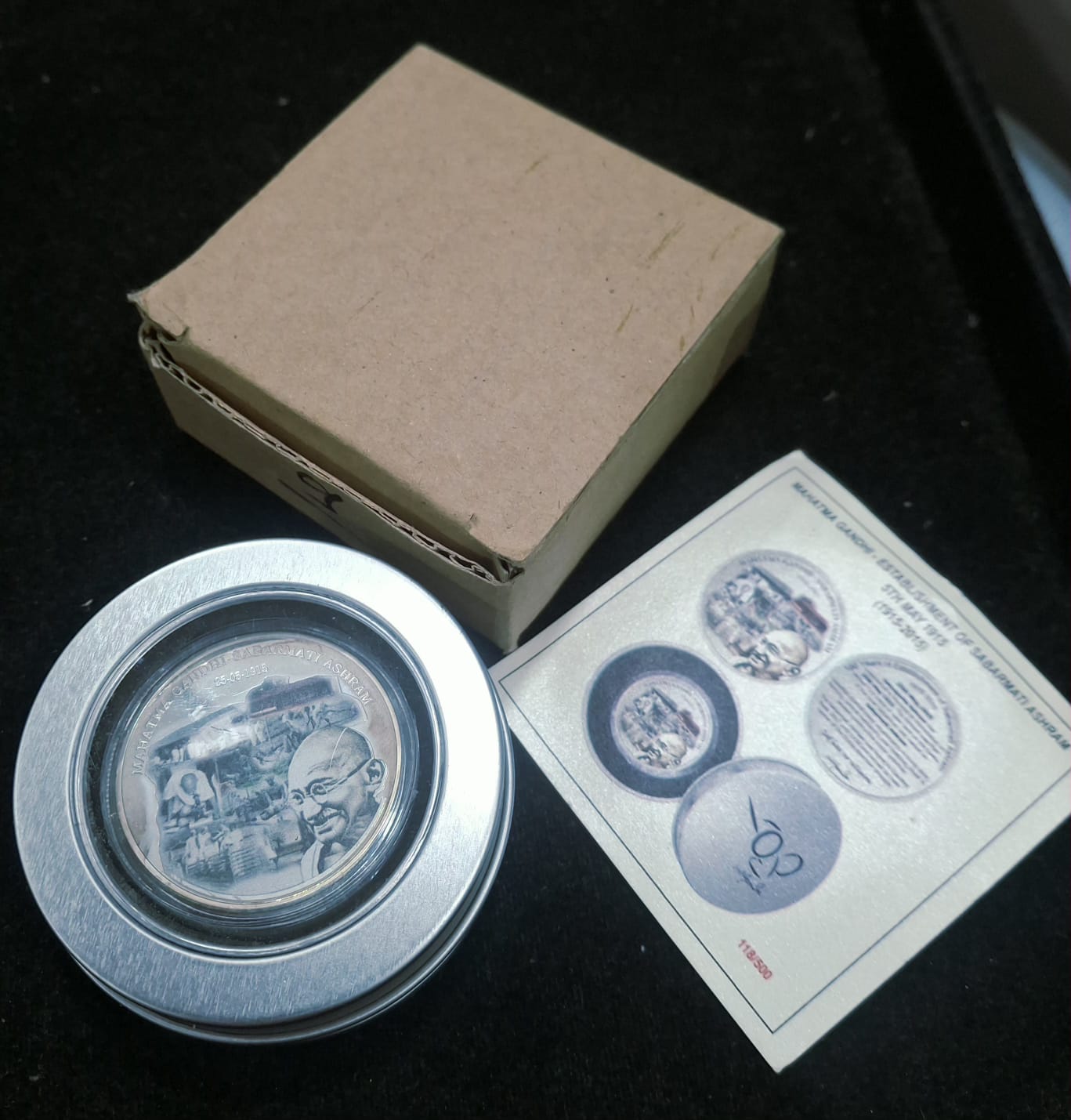 Mahatma Gandhi - establishment of sabarmati ashram 5th may (1915-2015) silver plated medallion with box & certificate