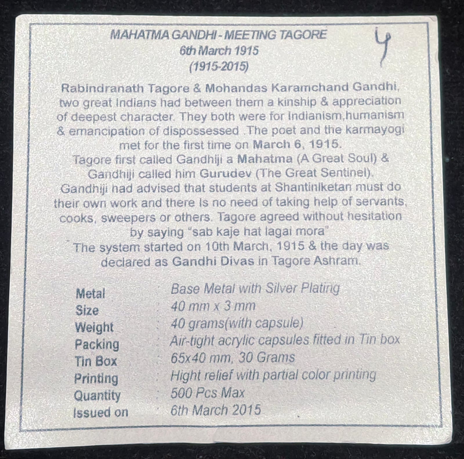 Mahatma Gandhi- Meeting Tagore (1915 - 2015) Silver plated medallion with box & certificate