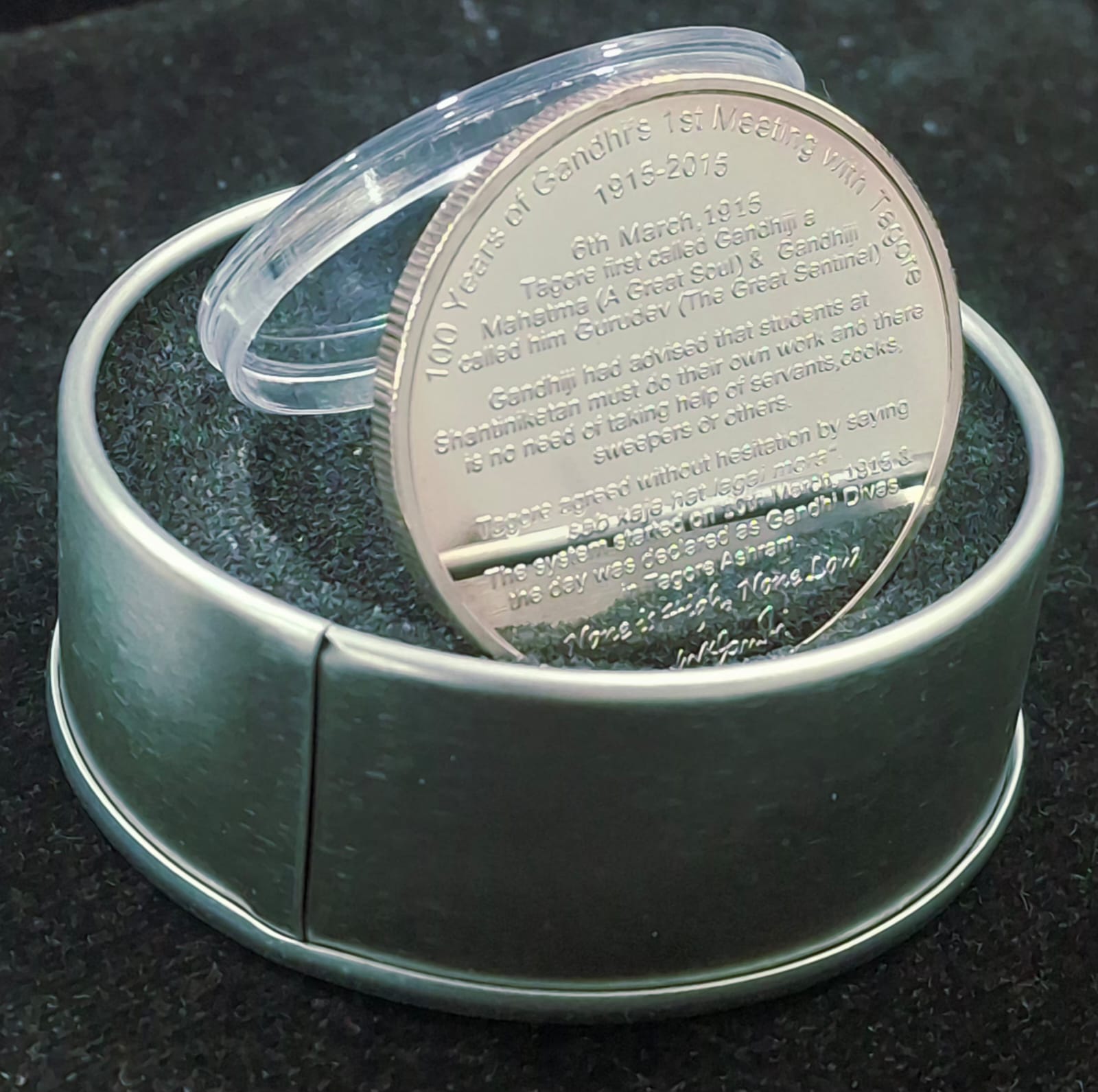 Mahatma Gandhi- Meeting Tagore (1915 - 2015) Silver plated medallion with box & certificate