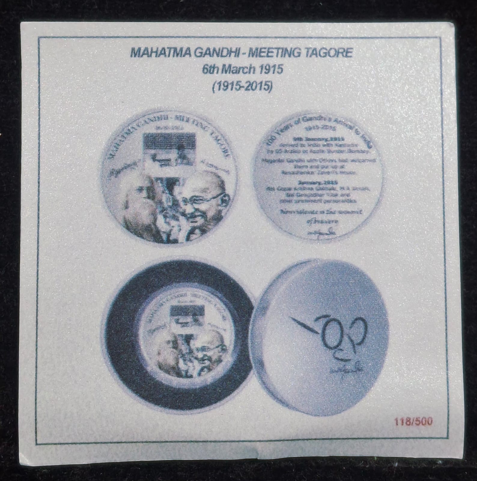 Mahatma Gandhi- Meeting Tagore (1915 - 2015) Silver plated medallion with box & certificate