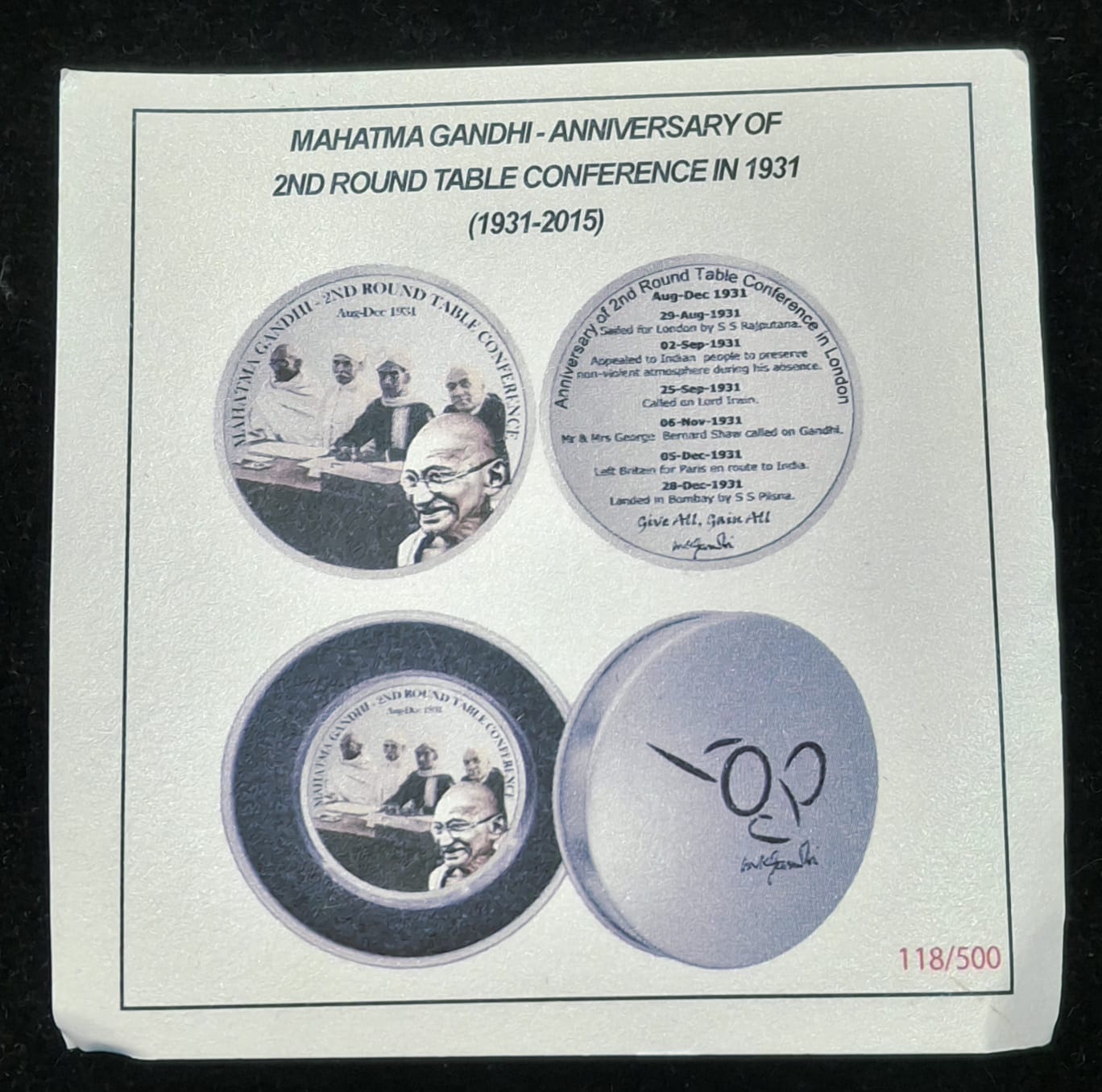 Mahatma Gandhi - Anniversary of 2nd Round Table Conference In (1931-2015) Silver Plated Medallion With Box & Certificate