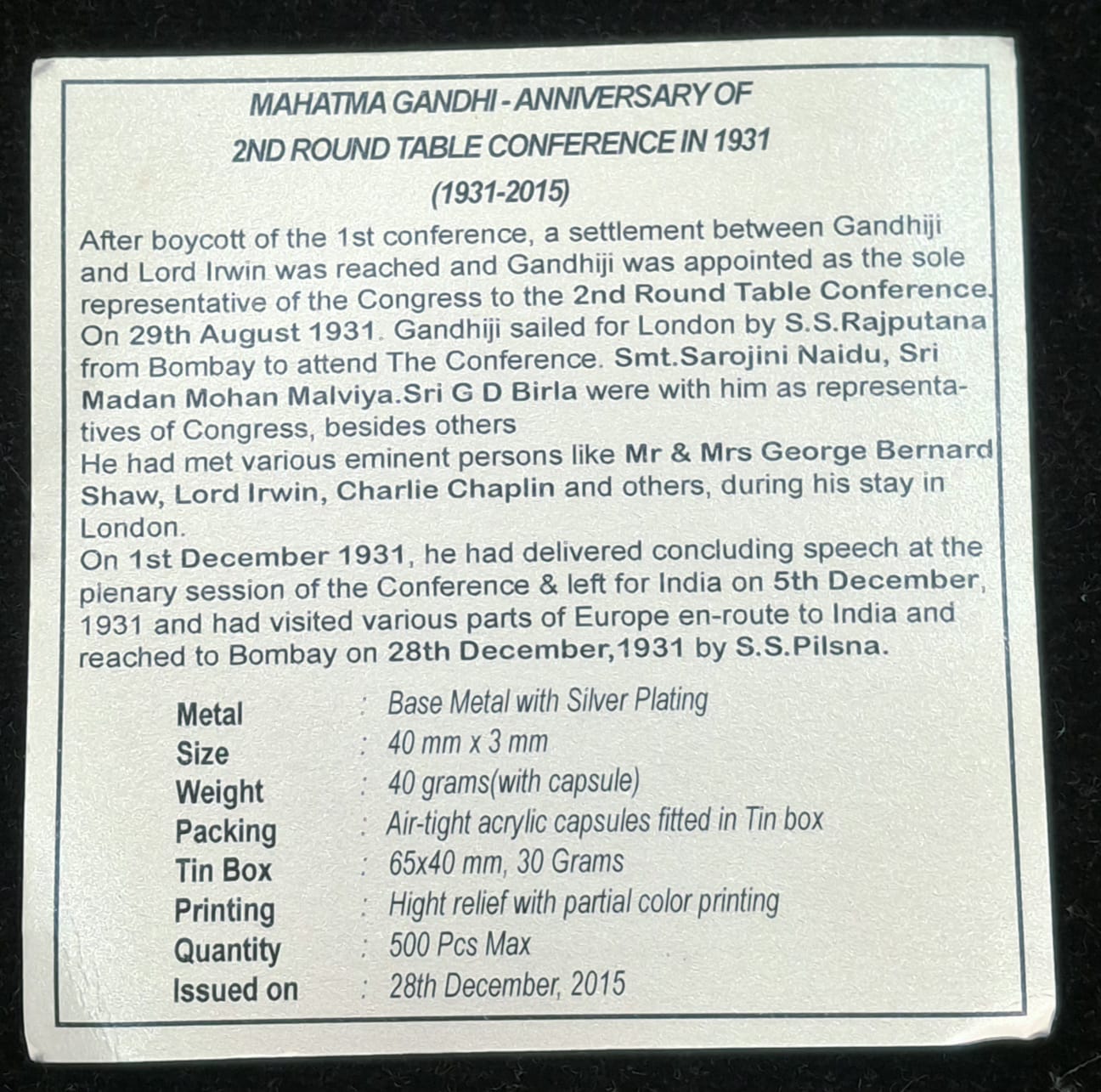 Mahatma Gandhi - Anniversary of 2nd Round Table Conference In (1931-2015) Silver Plated Medallion With Box & Certificate
