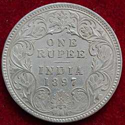 1897 British -India One Rupees Victoria Queen Bombay Mint Extremley Rare Top AU Condition Coin # 60