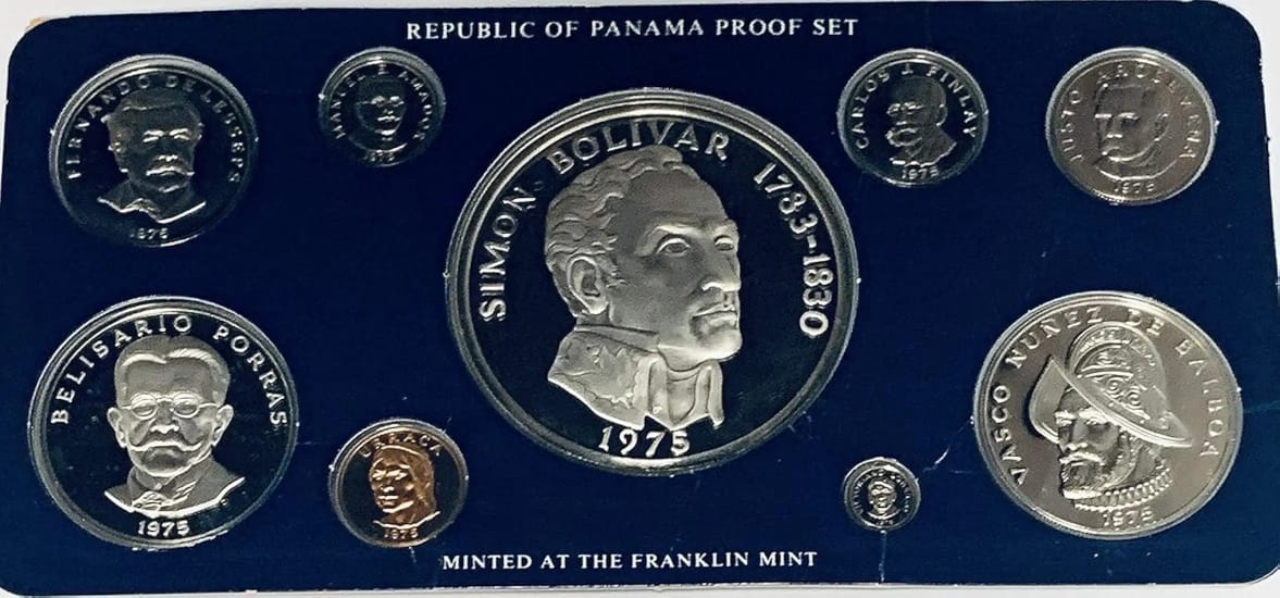 Franklin Mint Nine Proof Coin Set Silver Content 191.44 Grams Panama 1975