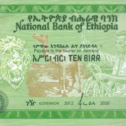 10 Birr of Ethiopia Country (AD 2020) with Lion at left, camel in centre, coffee harvest