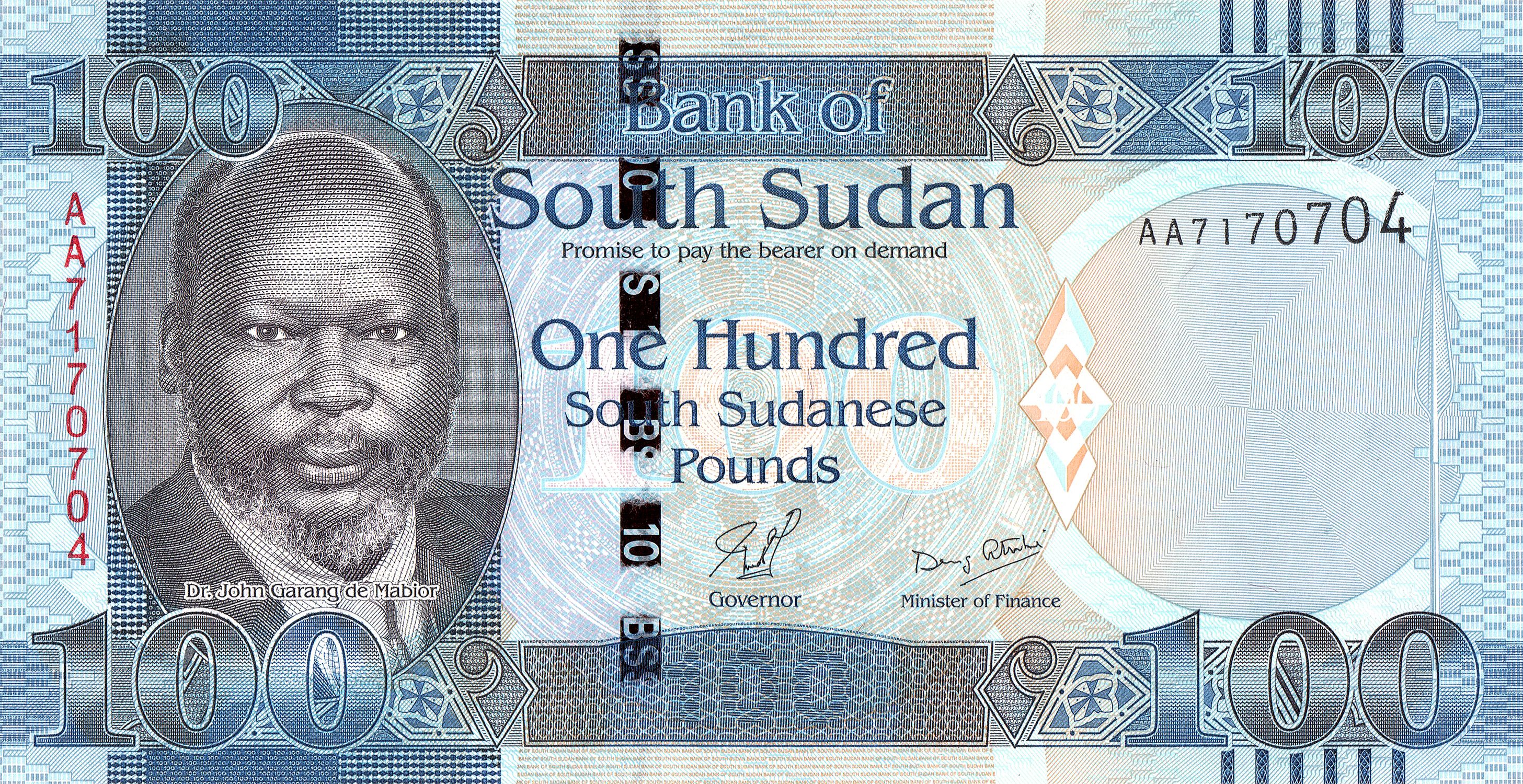 100 Sudanese Pounds of South Sudan (AD 2015-2019) with Lion, and Waterfall