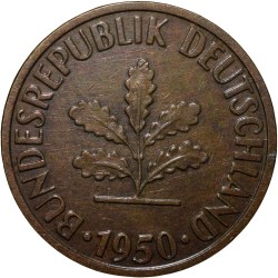 Old Brass 10 Pfennig of Germany (AD 1950) with Oak Sapling