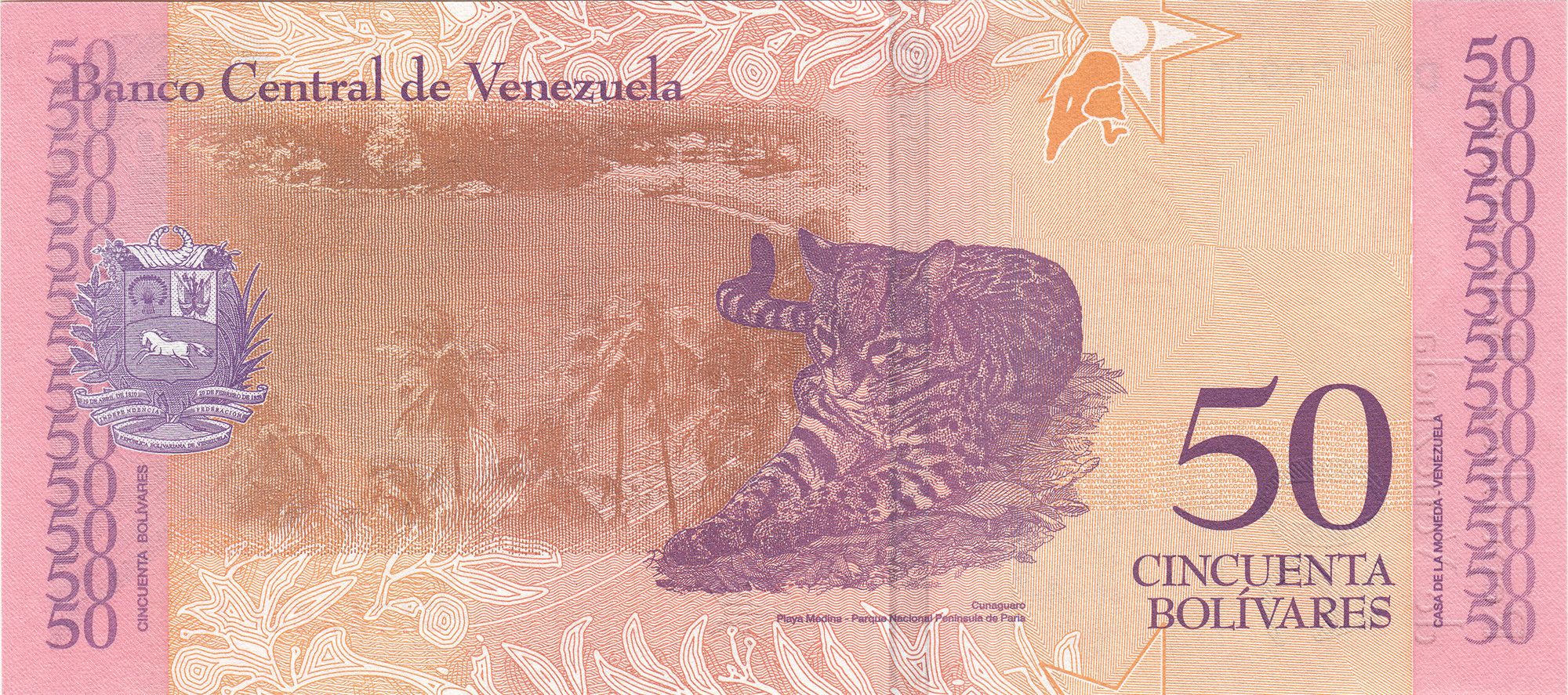 50 Bolivares of Venezuela Country (AD 2018) with Foreground Ocelot (leopardus paradalis)