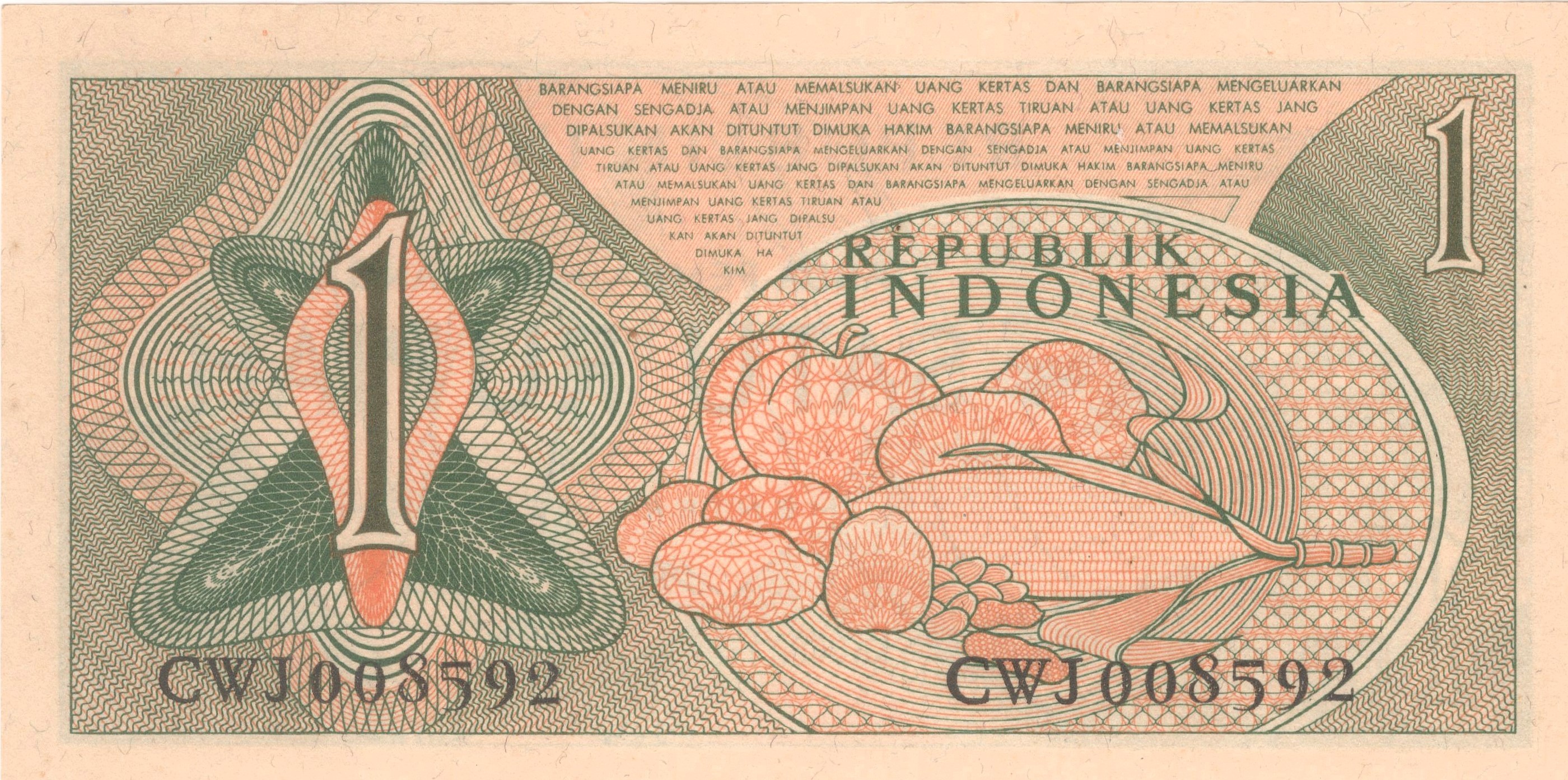 Old 1 Rupiah of Indonesia (AD 1961) with Rice field workers/Various vegetables