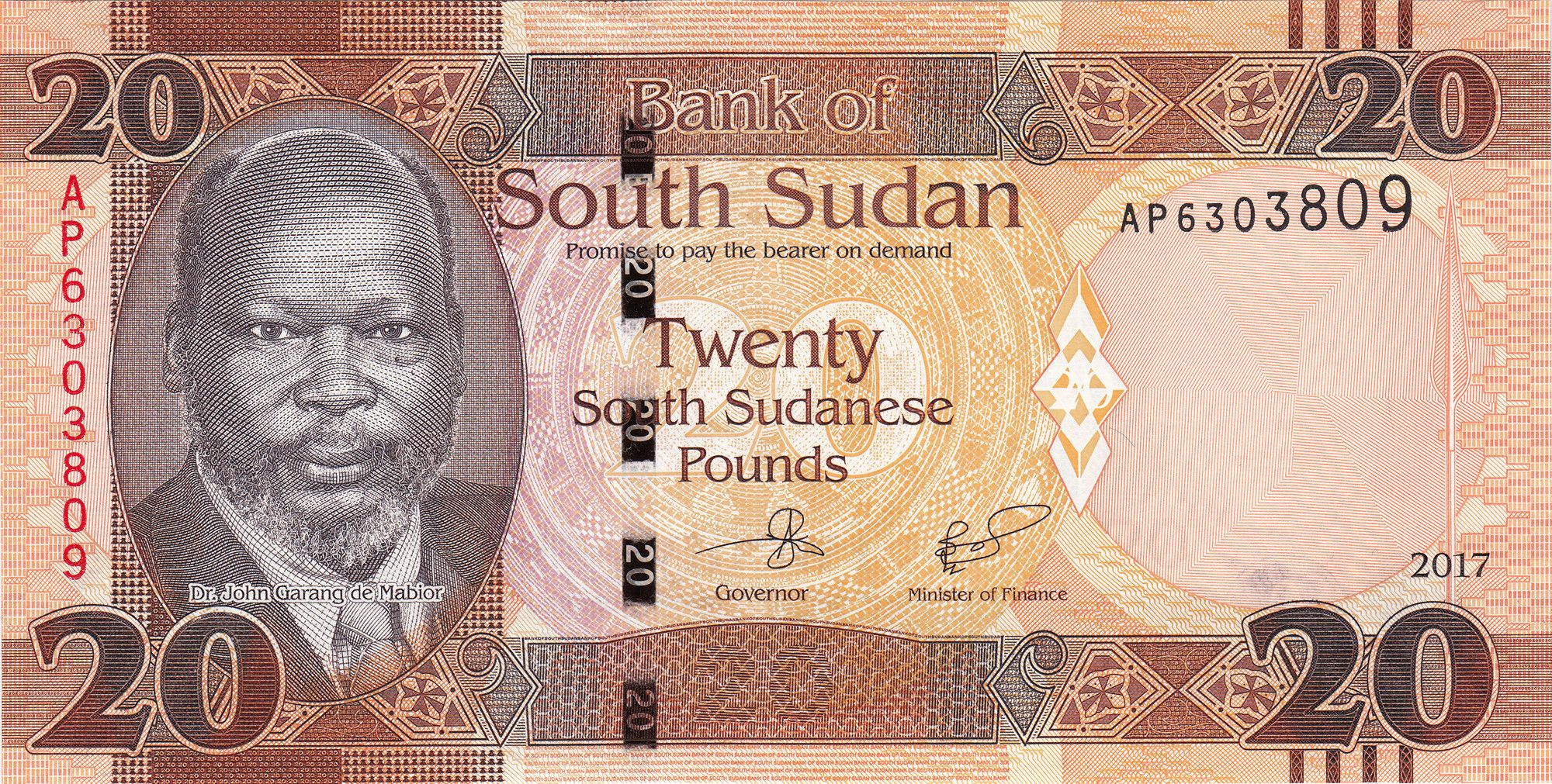 20 Sudanese Pounds of South Sudan (AD 2015-2017) with Picture of two Oryx antelopes, and an Oil derrick