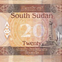 20 Sudanese Pounds of South Sudan (AD 2015-2017) with Picture of two Oryx antelopes, and an Oil derrick