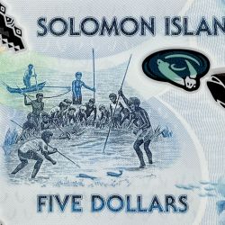 Polymer 5 Dollar of Solomon Islands (AD 2019-2022) with Traditional spear-fishing scene Rare