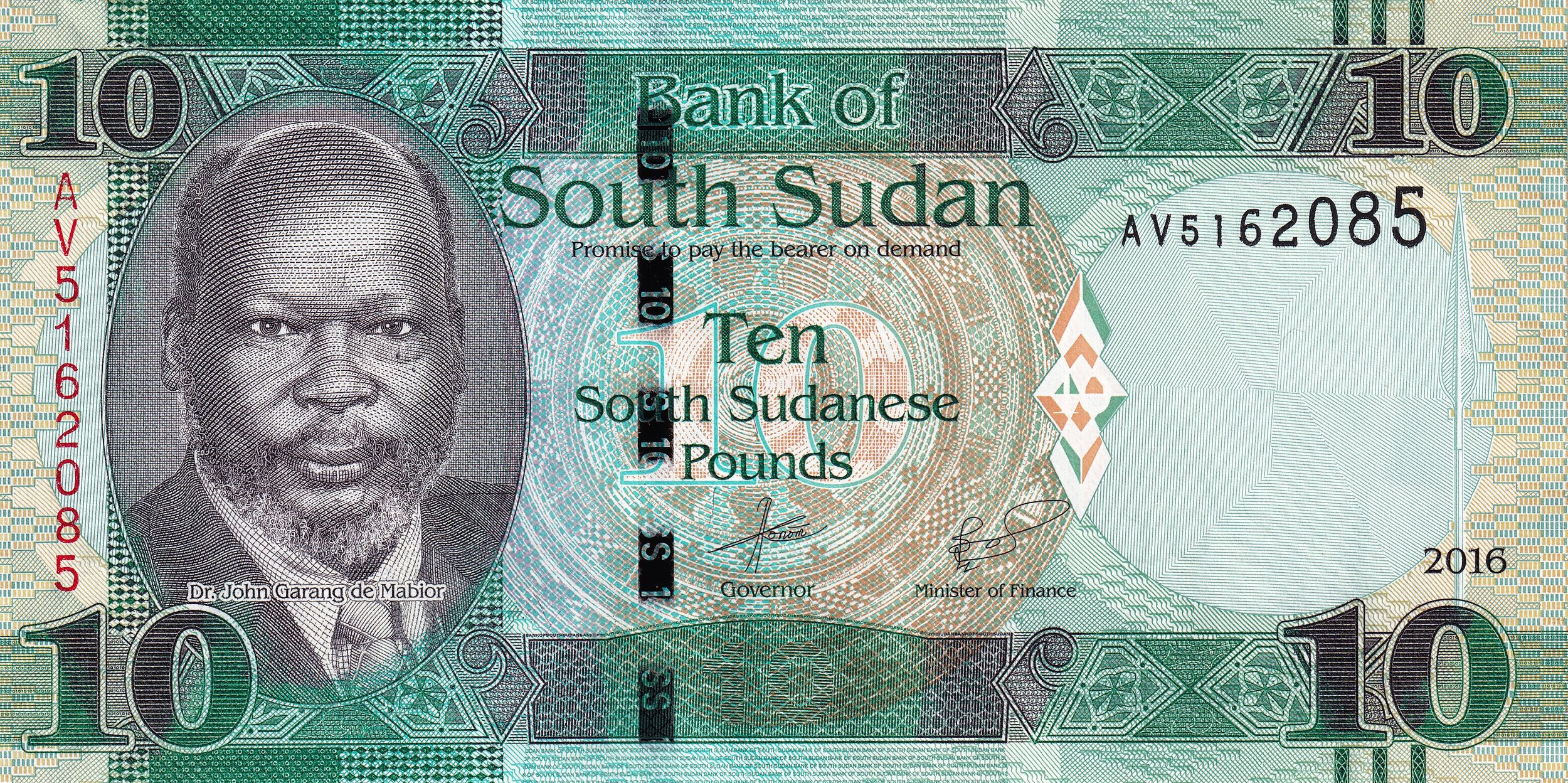 10 Sudanese Pounds of South Sudan (AD 2015-2016) with Wild Buffalo & Pineapple