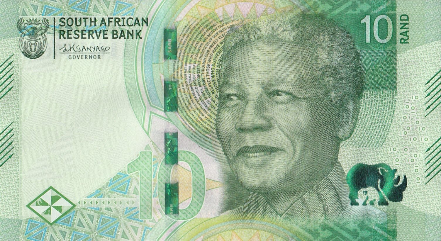 10 Rand of South Africa (AD 2023) with Nelson Mandela (Nelson Rolihlahla Mandela)/Black Rhino, adult and cub