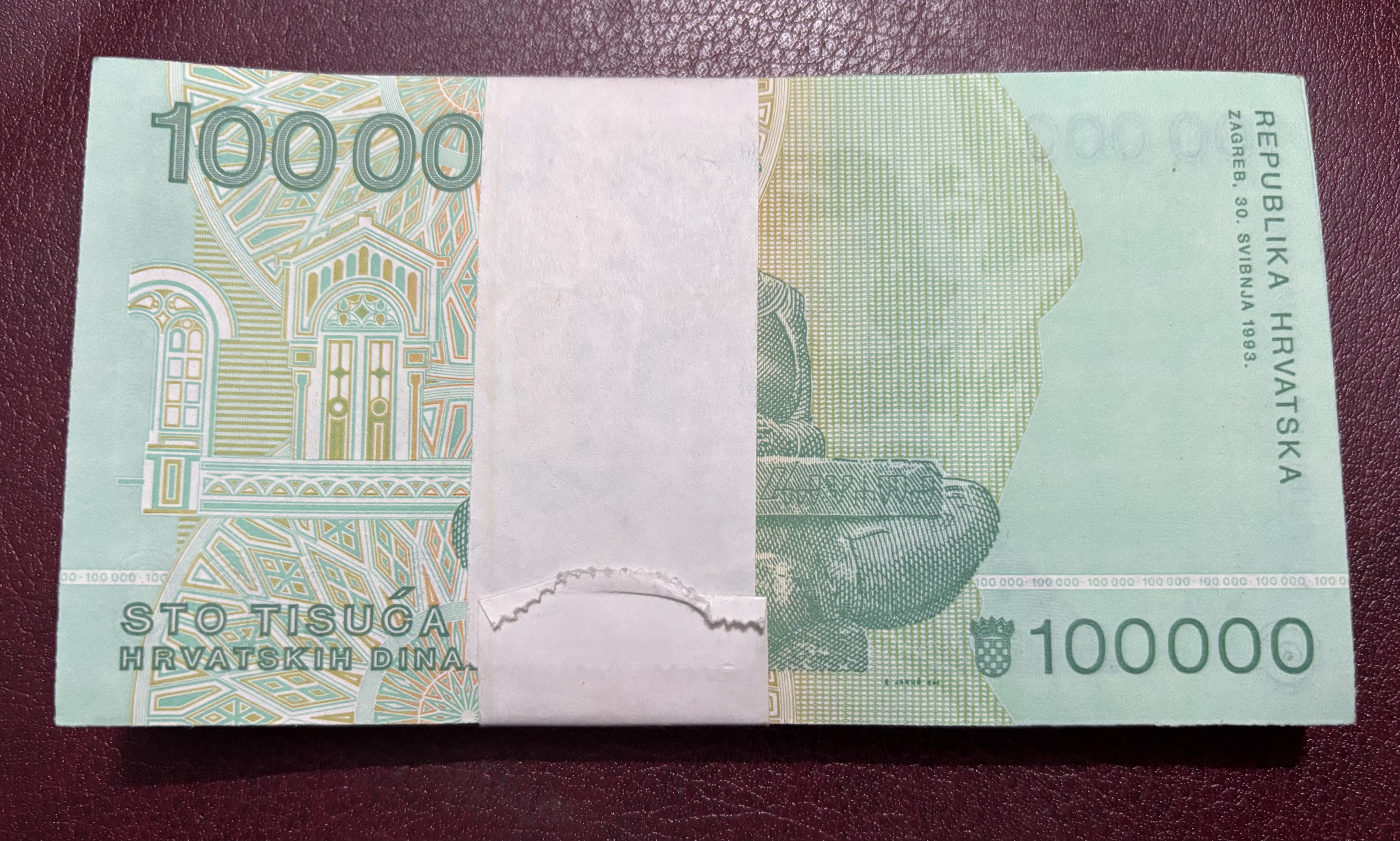 Croatia 100000 Dinara 1993 Serial Wise 100 Notes Bundle Rare