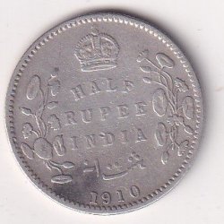 India - British  ½ Rupee 1910 - Edward VII Rare Silver Coin #V-86