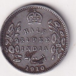 India - British  ½ Rupee 1910 - Edward VII Rare Silver Coin #V-87