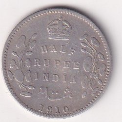 India - British  ½ Rupee 1910 - Edward VII Rare Silver Coin #V-88
