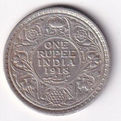 British India 1 Rupee 1918 George V Silver Coin #V-164