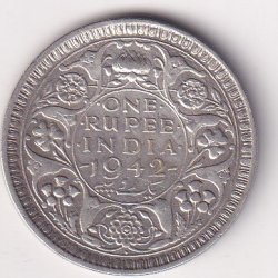 India - British 1 Rupee  1942 - George VI RARE SILVER COIN #V-391