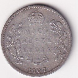 India - British ½ Rupee 1907 - Edward VII Rare Silver Coin #V-421