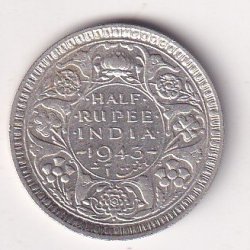 India - British  ½ Rupee 1943 - George VI Rare Silver Coin #V-432