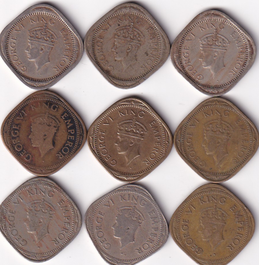 British India 1939-1947 Two Anna George VI Complete Dates 9 PCS Set #I-156