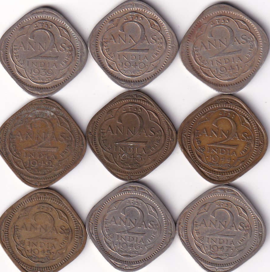 British India 1939-1947 Two Anna George VI Complete Dates 9 PCS Set #I-157
