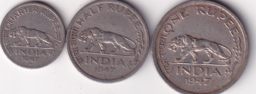 1947 British - India George Six Complete Set ( 3 Coin Set) Rare #I-196