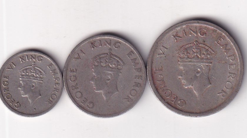1947 British - India George Six Complete Set ( 3 Coin Set) Rare #I-196