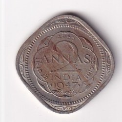 1947 British - India Two Anna (George VI) Almost UNC Condition Rare Coin #I-204