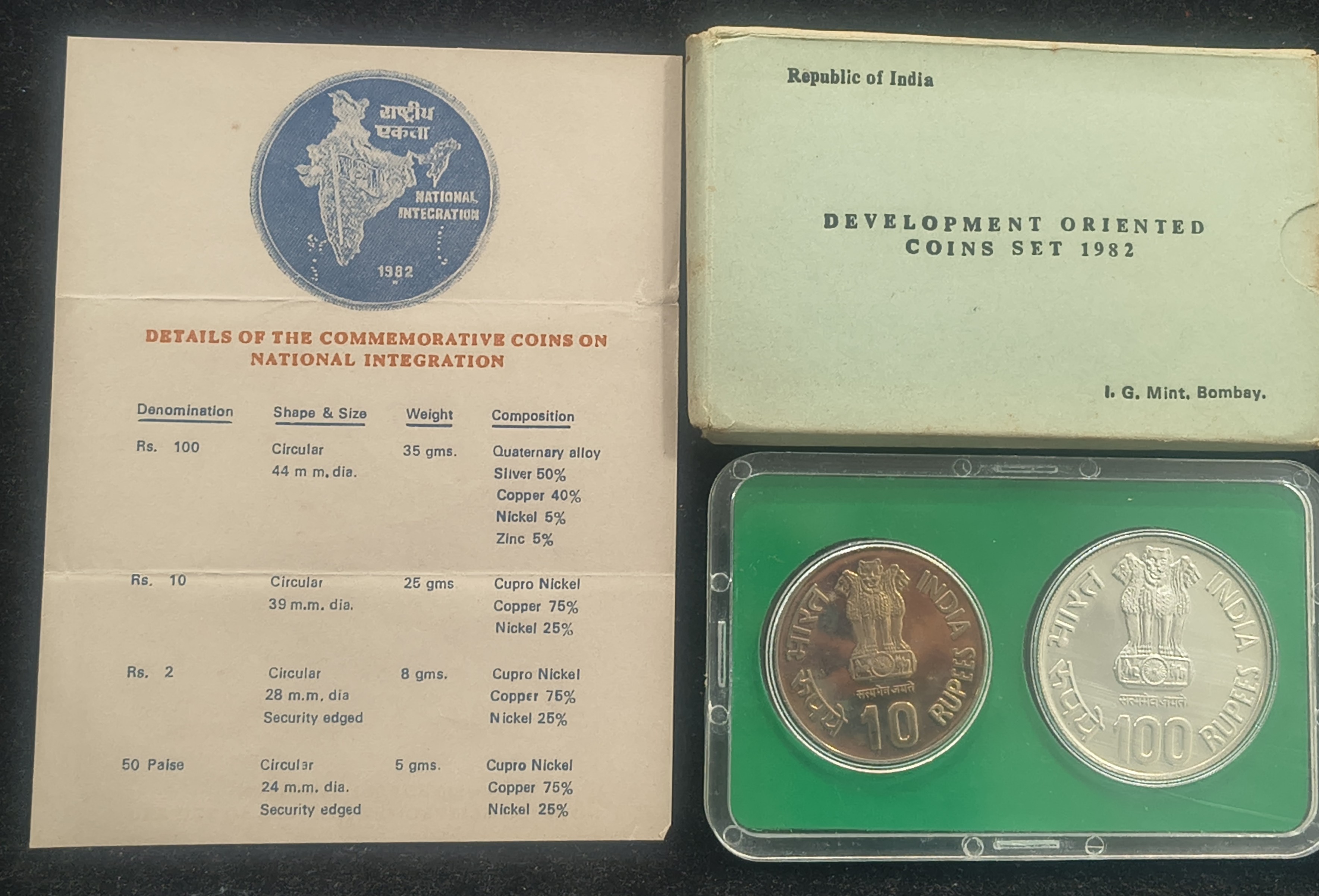 1982 National Integration 2 Coins Set with BOX and Certificate Bombay Mint