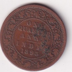 India - British ¼ Anna 1893 - Victoria "Victoria Empress" Rare Coin # D - 10