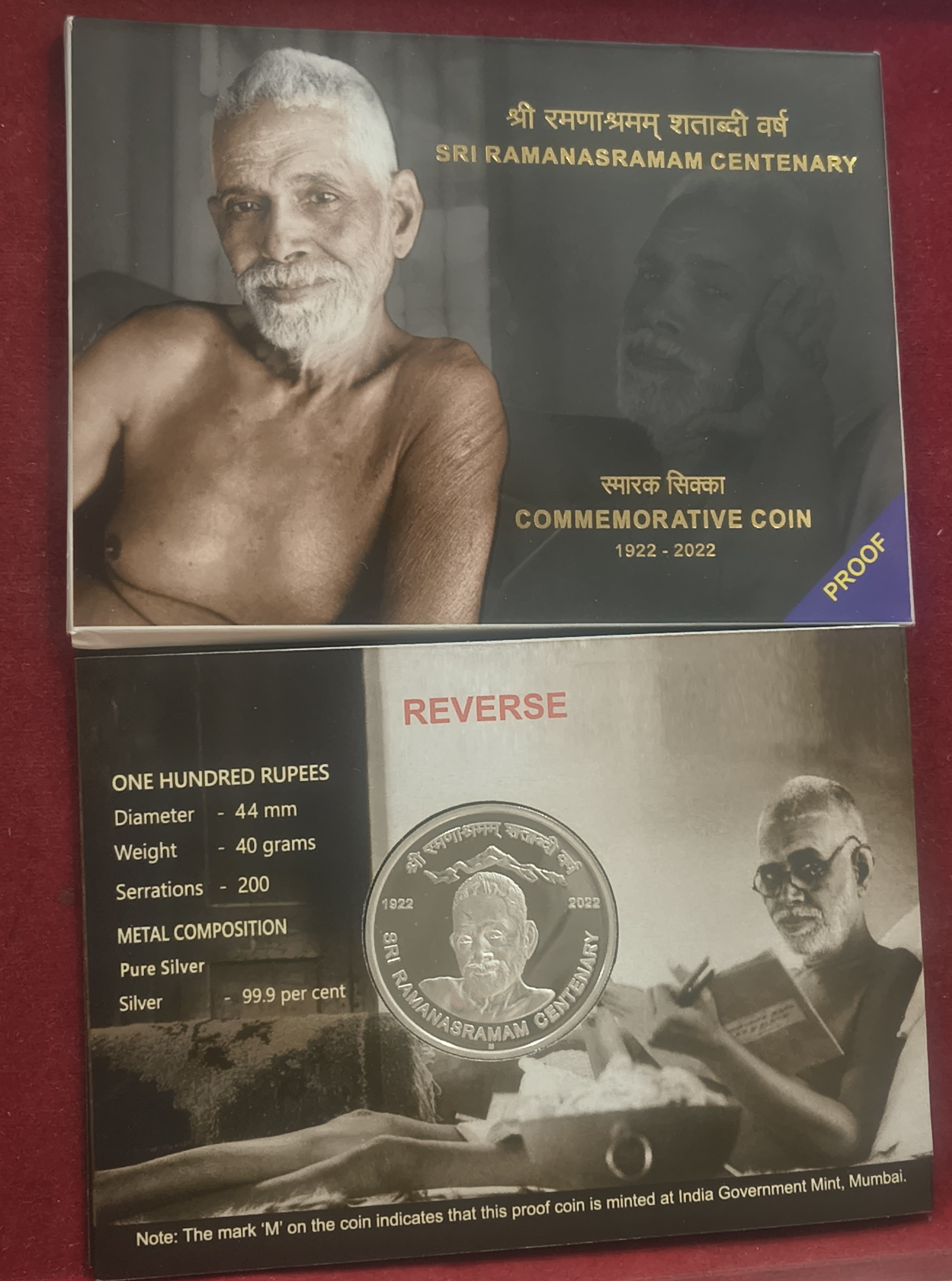 Sri Ramanasramam Centenary 1922-2022 ( 40 Gram Silver) Coin Rare Mumbai Mint Proof Set