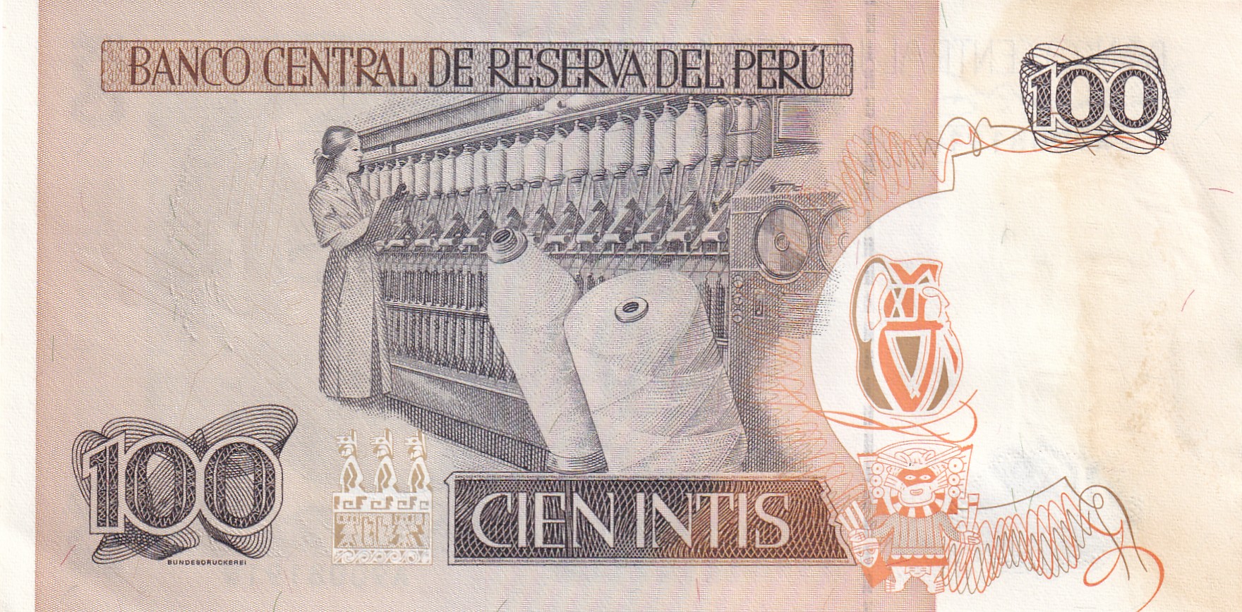 Peru 100 Intis Rare Note