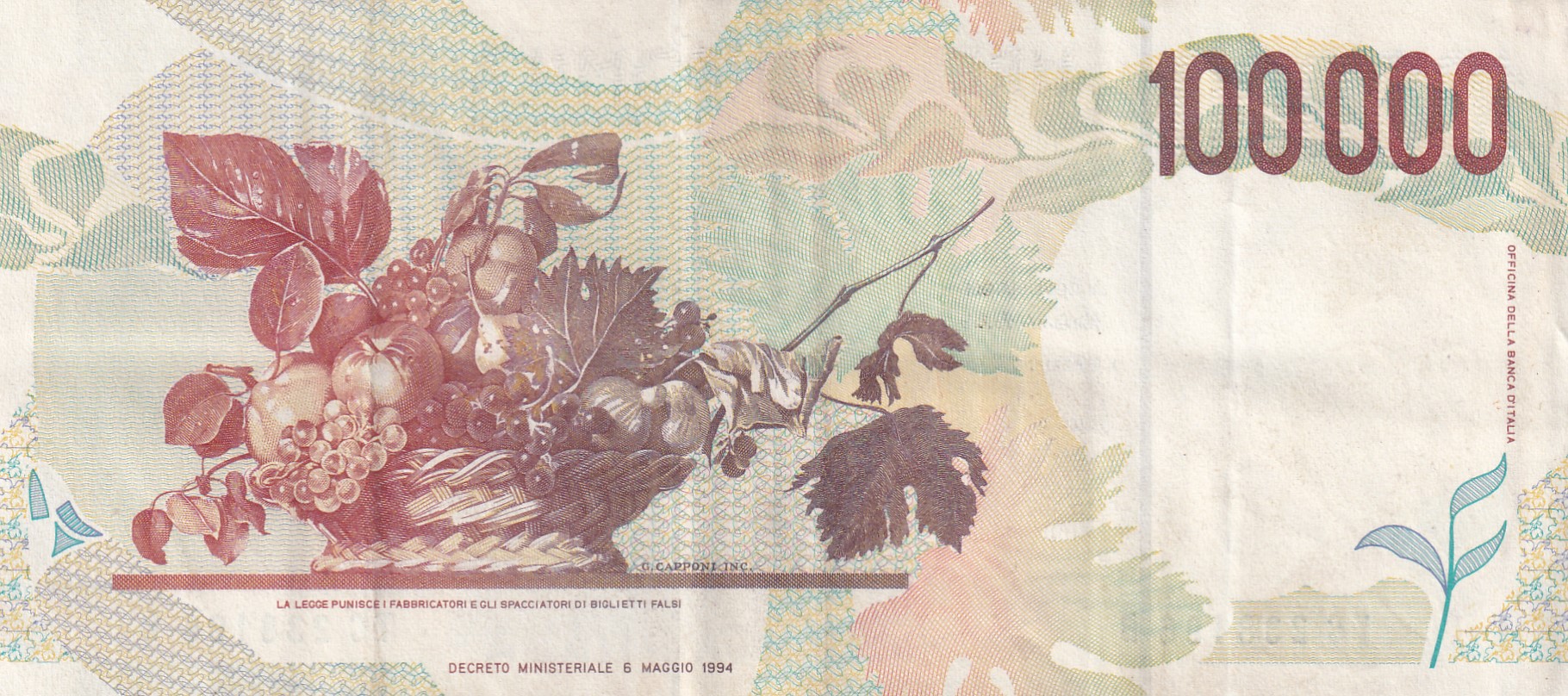 Italy 100 000 Lire Caravaggio Rare Note