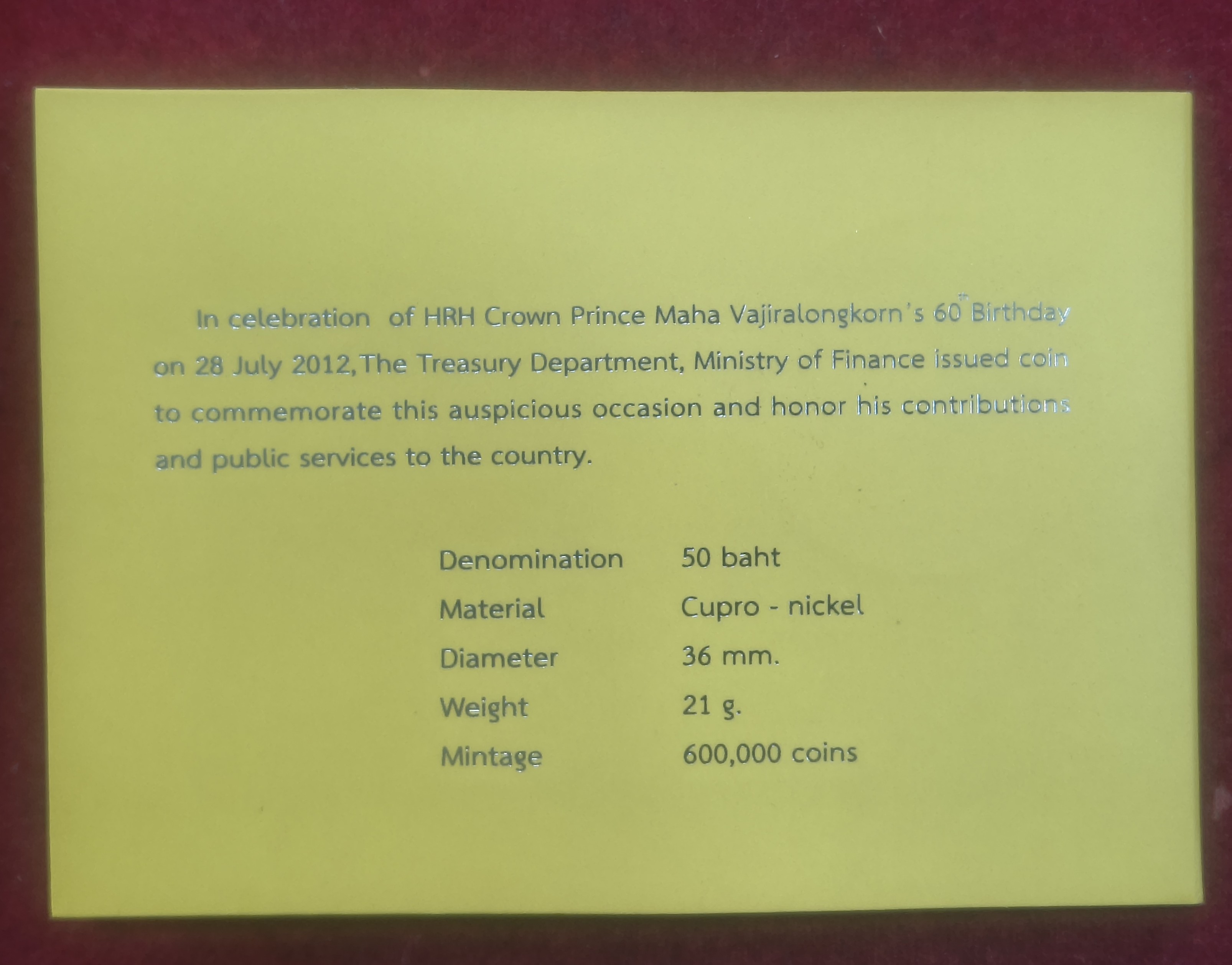 Thailand 50 Baht 2012, HRH Crown Prince MAHA Vajiralongkorn's , 60th Birthday of Rama IX Rare Coin with Beautiful Folder Packaging