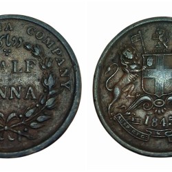 British India Copper Half Anna Year 1845 "East India Company" Key Date **V. Rare** High Collectable Grade with Comple Details.
