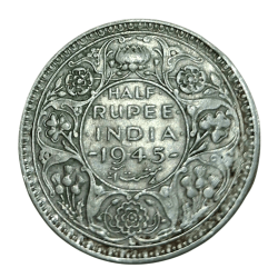 British India Silver 1/2 Half Rupee Year 1945 (L) Lahore Mint King George-VI in Collectable Grade.