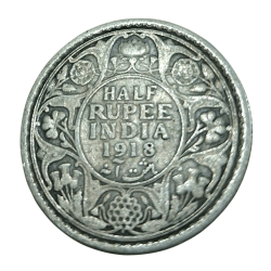 British India Silver 1/2 Half Rupee Year 1918 King George-V in Collectable Grade.