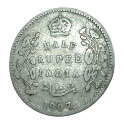 British India Silver 1/2 Half Rupee Year 1907 King Edward-VII **Scare** Collectable Grade.
