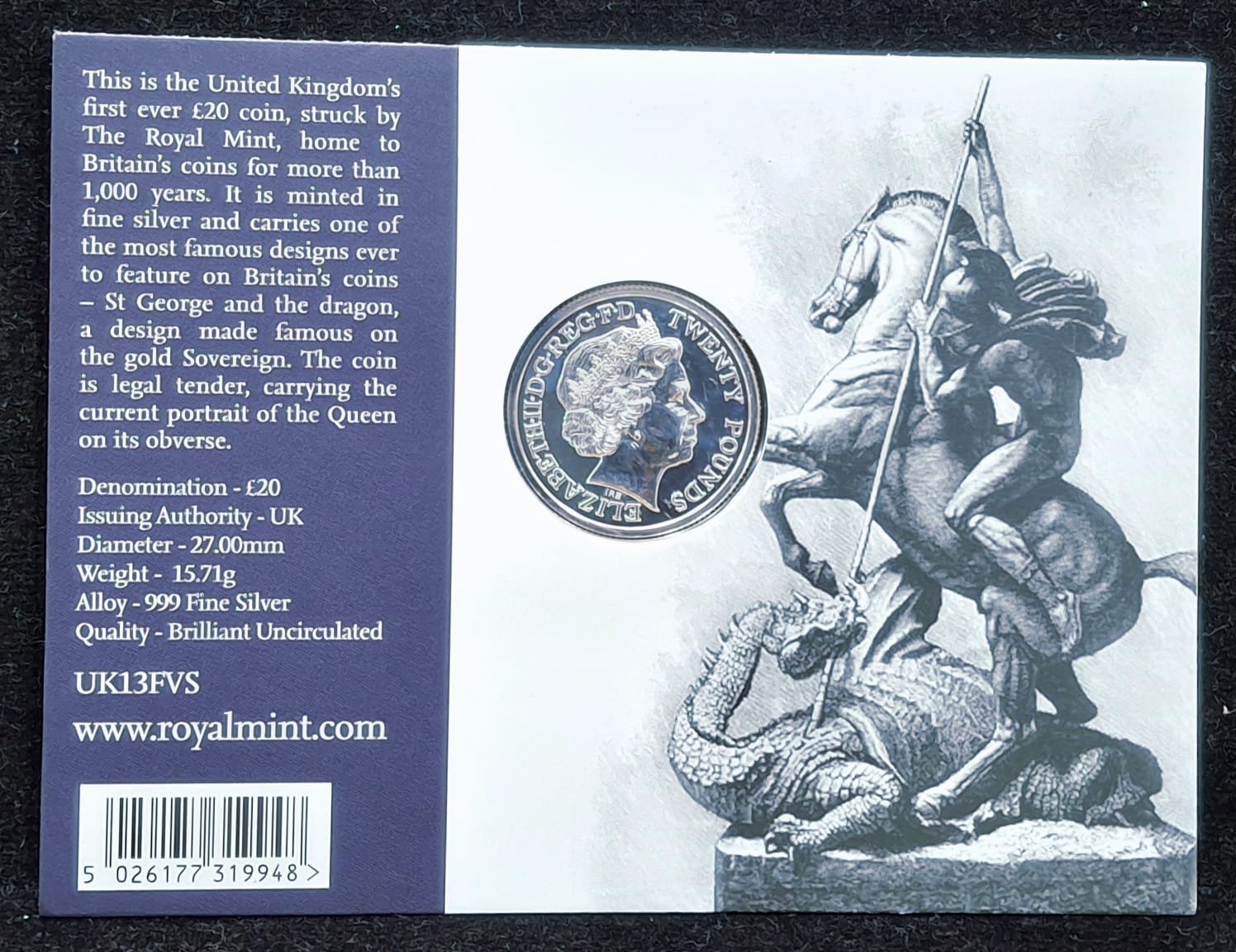 United Kingdom 20 Pounds 2013 - Elizabeth II St George and Dragon Commemorative issue Royal Mint Issue Rare Silver (Weight 15.71 g)