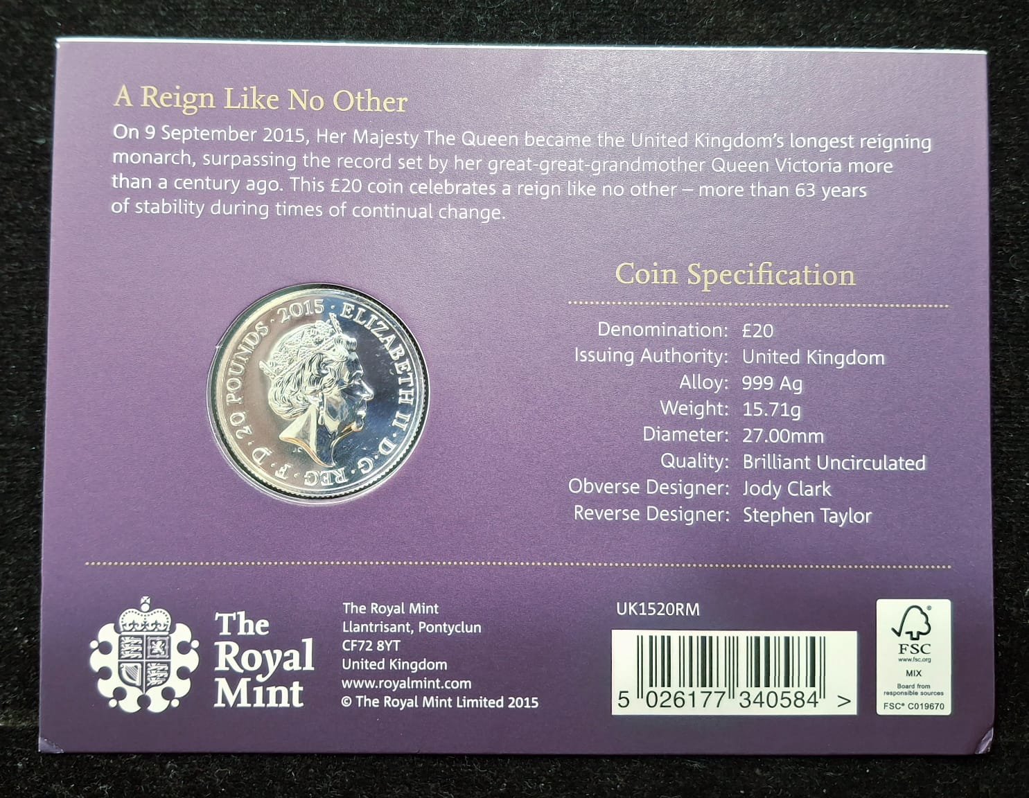 United Kingdom 20 Pounds 2015 - Elizabeth I Longest Reign Commemorative issue Royal Mint Issue Rare Silver (Weight 15.71 g)